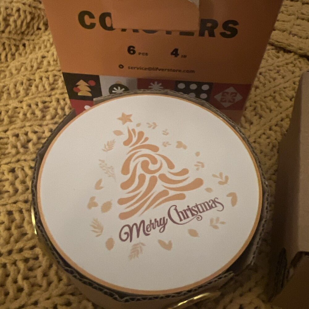 LIFVER Christmas Coasters & Holder , Christmas Tree “Merry Christmas” New